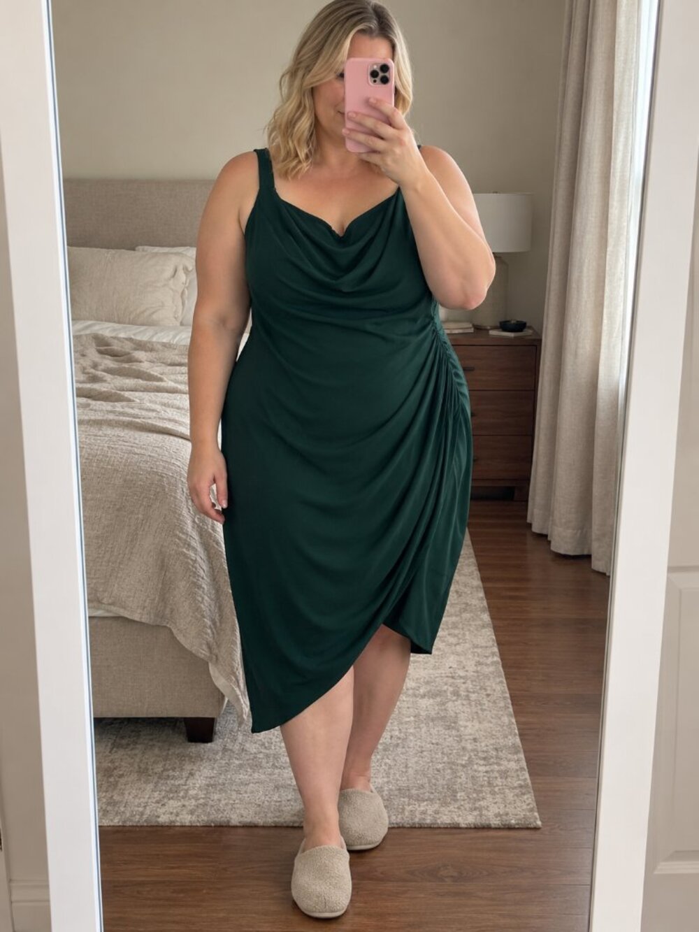 Emerald Sundae Hunter Green Ruched Asymmetric Cowl Dress 22